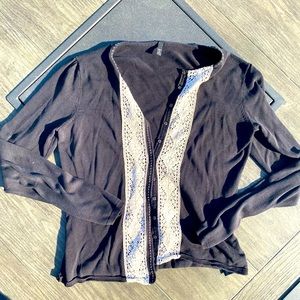 Beautiful black silk cardigan, lace front detail.